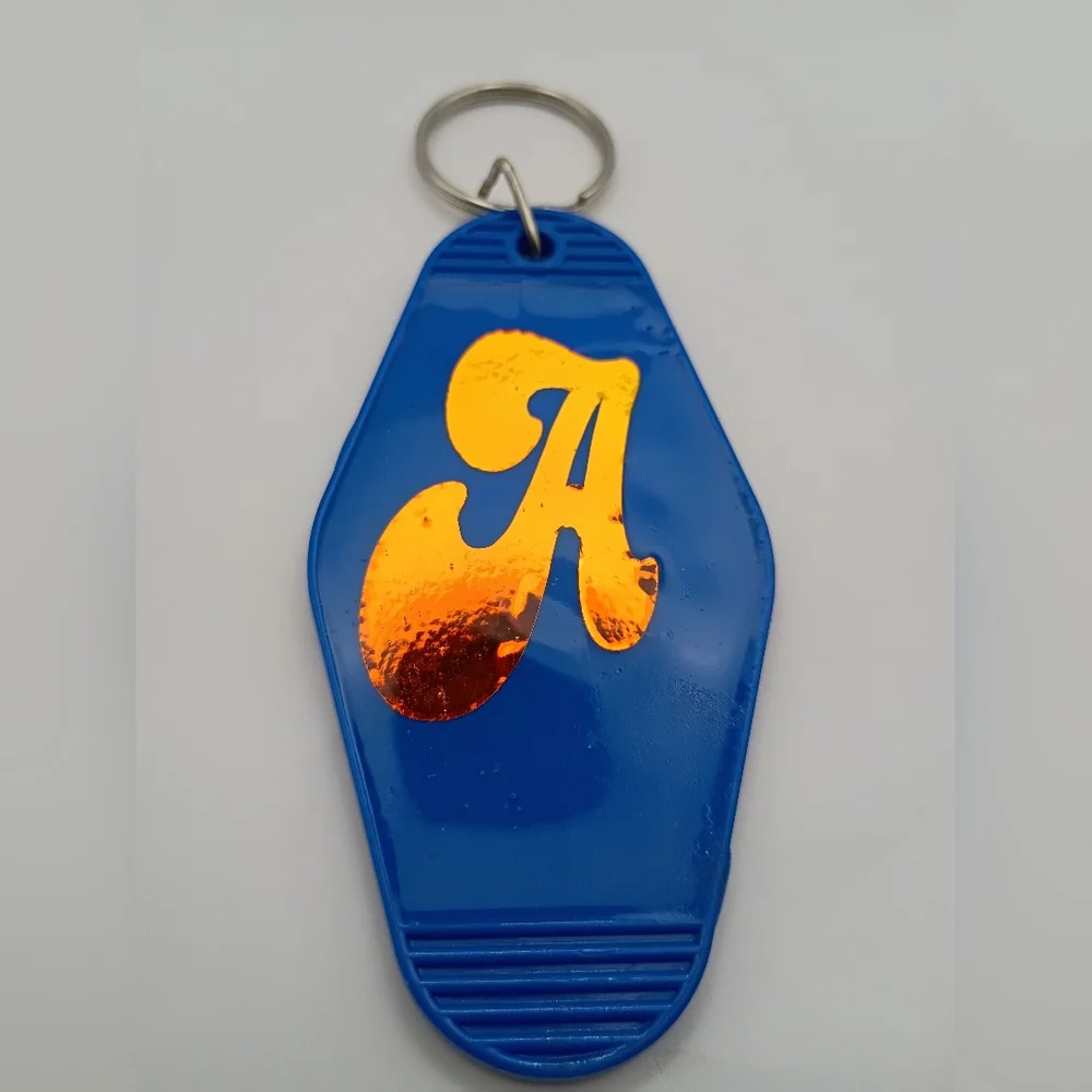 Blue Motel Keychain Holographic Letter A Retro Resin Keyring Handmade
